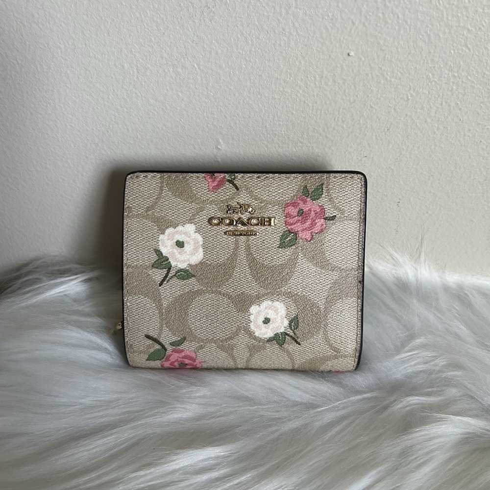 Coach Snap Wallet Khaki Chalk Floral Canvas Leather New